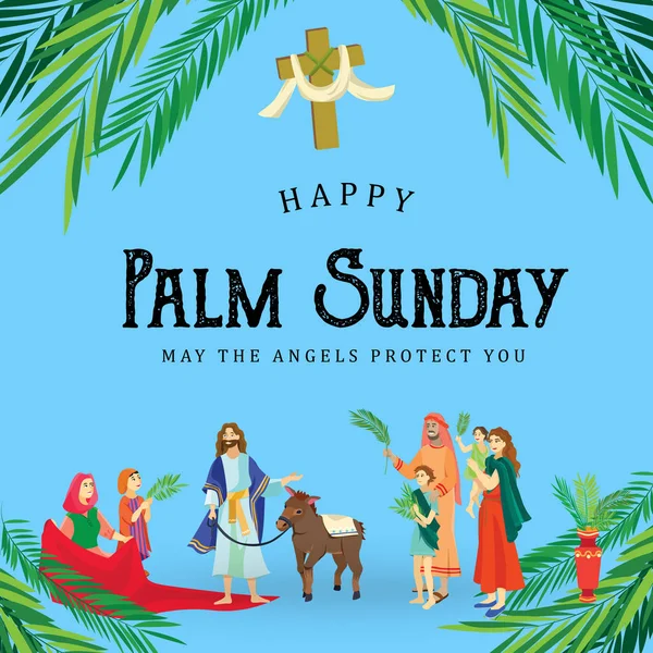 Religión fiesta palma domingo antes de Pascua, celebración de la entrada de Jesús en Jerusalén, gente feliz con hojas de palmera vector ilustración, hombre paseos burro, saludos familiares Cristo — Archivo Imágenes Vectoriales