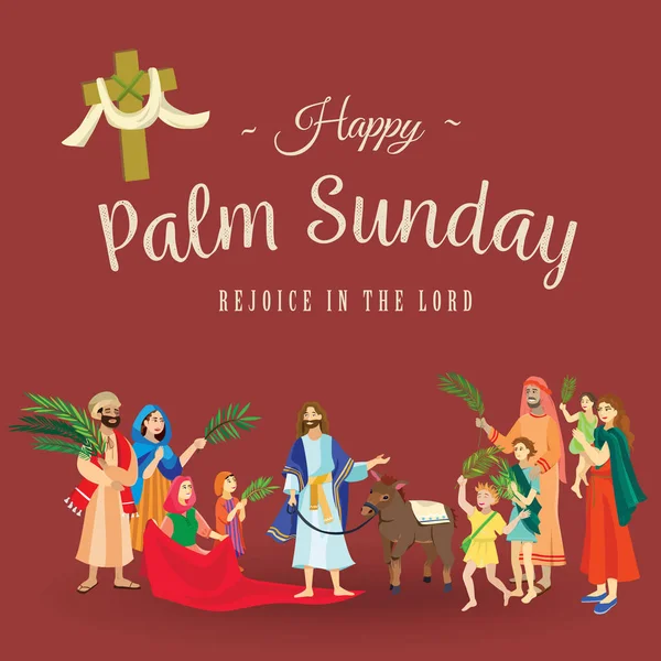Vallás holiday palm vasárnap húsvéti, mielőtt ünnepe Jézus bejáratánál Jeruzsálemben, a boldog emberek palmtree levelek vektoros illusztráció, szamár túrák, családi Üdvözlettel Krisztus ember — Stock Vector