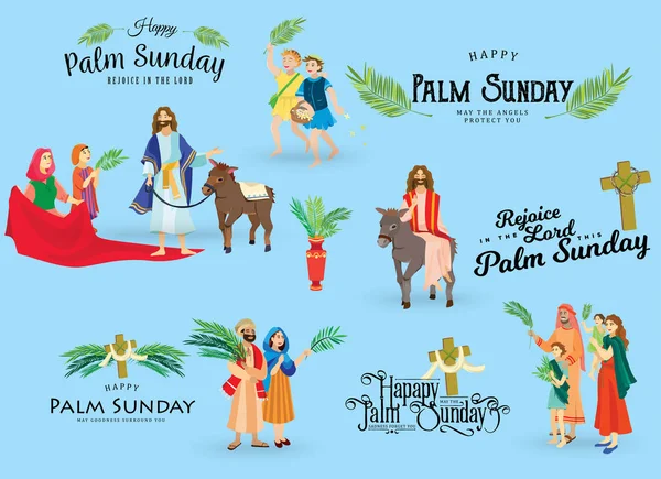 Religion holiday palm sunday before easter, celebration of the entrance of Jesus into Jerusalem, happy people with palmtree leaves vector illustration, man Rides Donkey, kids woman greetings Christ — Stock Vector