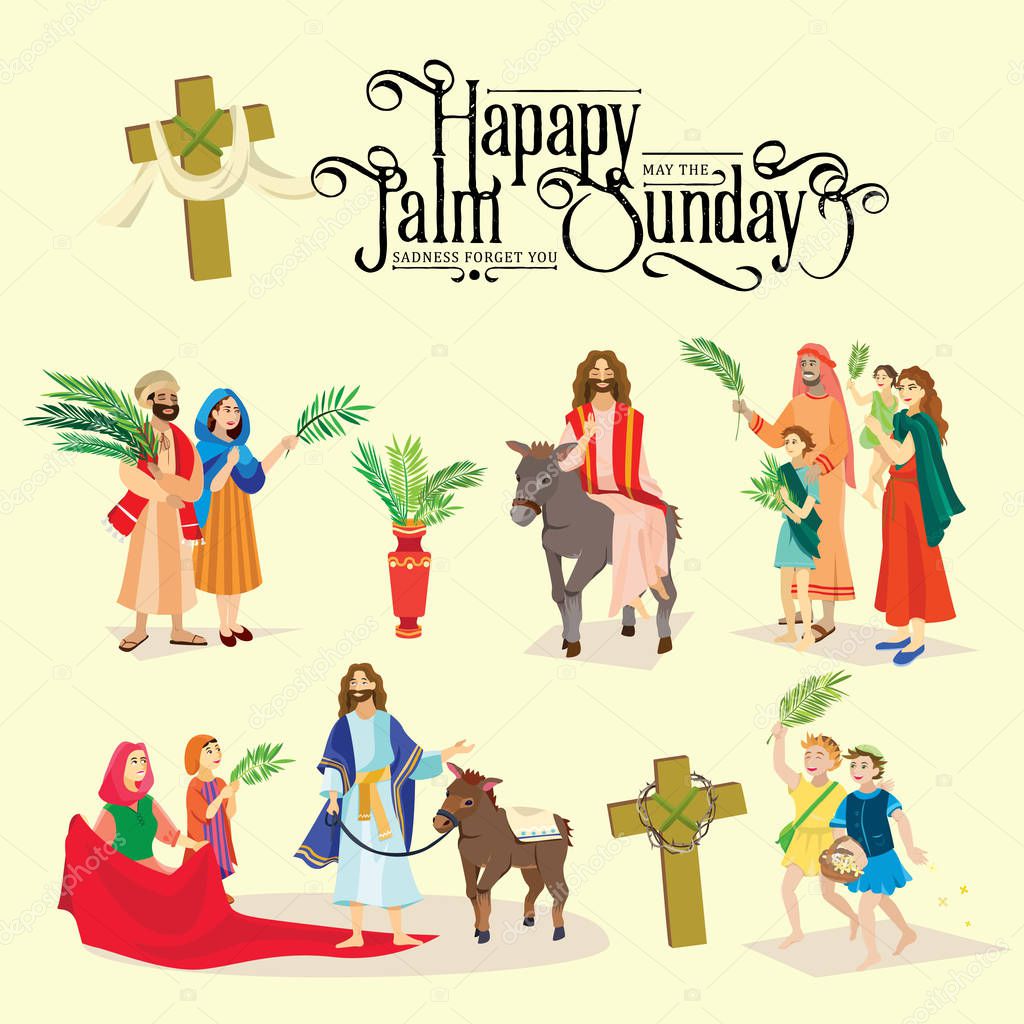 Religión fiesta palma domingo antes de Pascua, celebración de la entrada de  Jesús en Jerusalén, gente feliz con hojas de palmera vector ilustración,  hombre paseos burro, niños y mujeres saludos Cristo Vector, image size:1024x1024