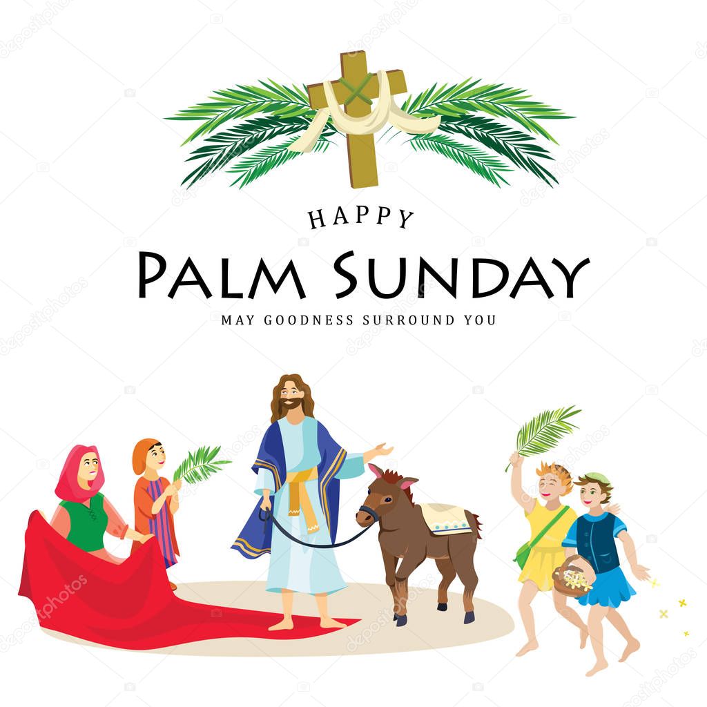 religion holiday palm sunday before easter, celebration of the entrance of Jesus into Jerusalem, happy people with palmtree leaves vector illustration, man Rides Donkey, childrens greetings Christ