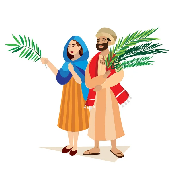 Din tatil palm Pazar Paskalya, İsa'nın girişinde kutlama Kudüs'e, giriş önce hurma yaprakları ile mutlu insanlar illüstrasyon, erkek ve kadın selamlar İsa vektör — Stok Vektör