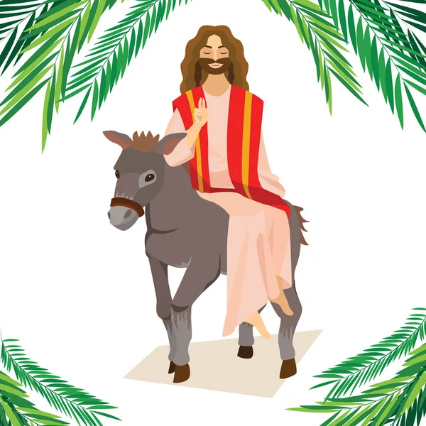 Feliz religião feriado palma domingo antes da Páscoa, celebração da entrada de Jesus em Jerusalém, palmtree folhas vetor ilustração, homem Passeios Burro saudações Cristo —  Vetores de Stock