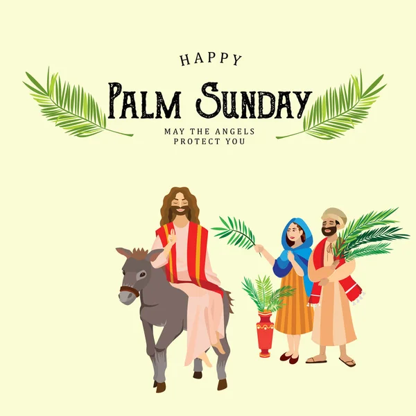 Vallás holiday palm vasárnap Húsvét ünnepe Jézus bejáratánál Jeruzsálemben, palmtree levelek vektoros illusztráció, boldog ember előtt ember szamár túrák, a férfi és a nő üdvözletet, Krisztus — Stock Vector