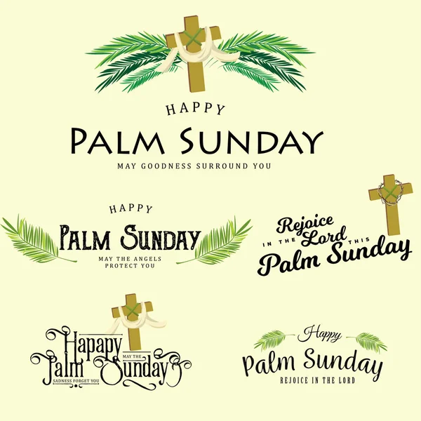 Set of greeting logos for religion holiday palm sunday before easter, cards for celebration entrance of Jesus into Jerusalem vector illustration — Stock Vector