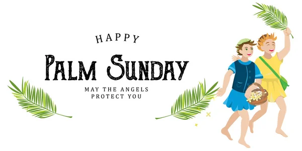 Din tatil palm Pazar Paskalya önce İsa'nın girişinde kutlama mutlu Kudüs'e giriş hurma yaprakları vektör çizim, çocuk ile selamlar İsa çocuklar — Stok Vektör