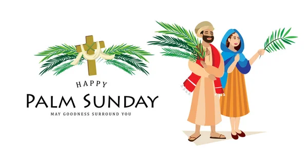Religião feriado palma domingo antes da Páscoa, celebração da entrada de Jesus em Jerusalém, pessoas felizes com palmtree folhas vetor ilustração, homem e mulher saudações Cristo —  Vetores de Stock