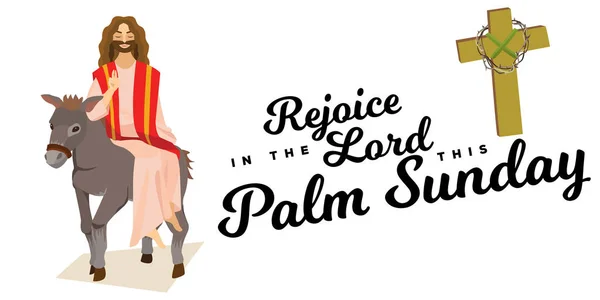 Gelukkig religie vakantie palm zondag voor Pasen, viering van de ingang van Jezus in Jeruzalem, palmboom laat vectorillustratie, man rijdt Donkey groeten Christus — Stockvector