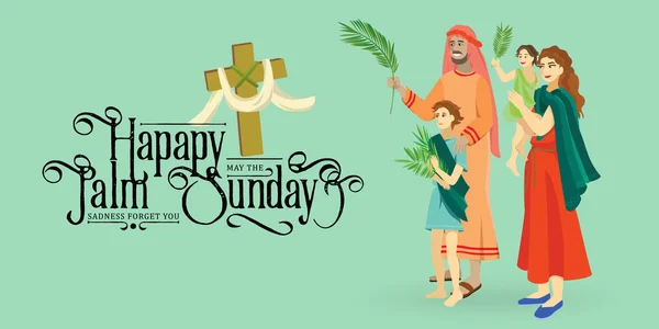 Праздник религии пальмовое воскресенье перед Пасхой, празднование вступления Иисуса в Иерусалим, счастливые люди с пальмовыми листьями векторной иллюстрации, женщина с ребенком поздравления Христос — стоковый вектор