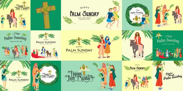 Religión fiesta palma domingo antes de Pascua, celebración de la entrada de Jesús en Jerusalén, gente feliz con hojas de palmera vector ilustración, hombre paseos burro, saludos familiares Cristo — Archivo Imágenes Vectoriales