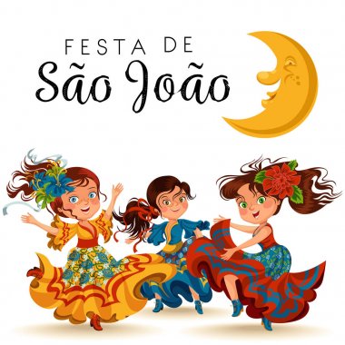 Genç kadın salsa festivaller üzerinde dans Portekiz Festa de Sao Joao, kız giyim çiçek baş geleneksel fiesta dans, tatil parti dansçı, Festival insanlar carnaval vektör çizim kutladı