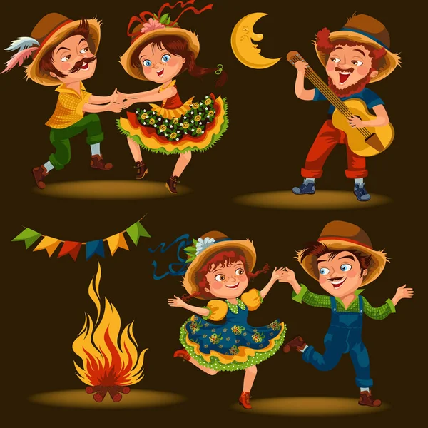 Mujer joven bailando salsa en festivales de verano celebrados en Portugal Festa de Sao Joao, chica en sombrero de paja baile tradicional fiesta, fiesta de fiesta bailarina, gente festiva vector concepto carnaval — Vector de stock