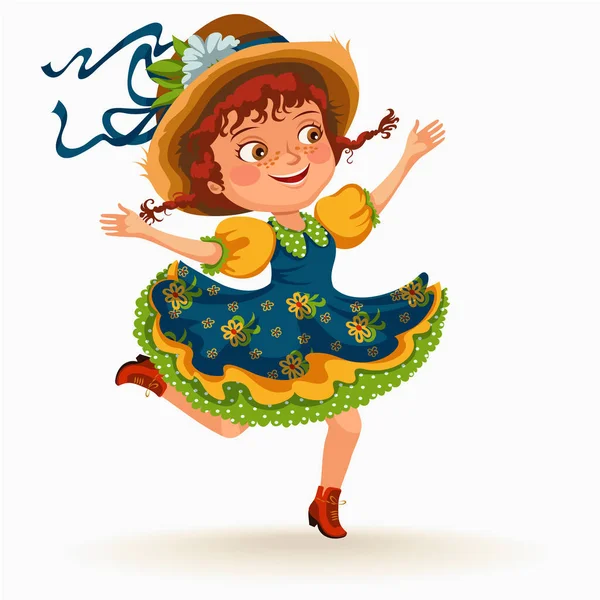 Giovane donna che balla la salsa nelle feste celebrate in Portogallo Festa de Sao Joao, ragazza in cappello di paglia danza tradizionale fiesta, ballerina di festa, illustrazione del vettore carnavale delle persone festive — Vettoriale Stock