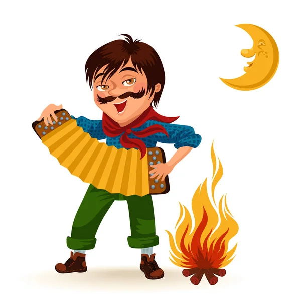 Homem com bigode joga sanfona perto de fogo sob lua vetor ilustração, Menino segurando acordeão na fogueira à noite —  Vetores de Stock