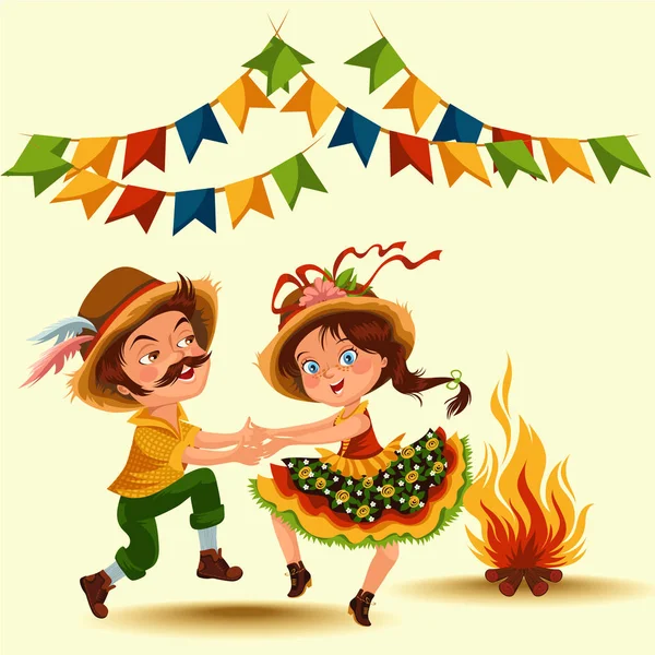 Pareja joven hombre mujer bailando salsa en festivales celebrados en Portugal Festa de Sao Joao, niña sombrero de paja baile tradicional fiesta, fiesta de fiesta bailarina, gente festiva vector carnaval ilustración — Vector de stock