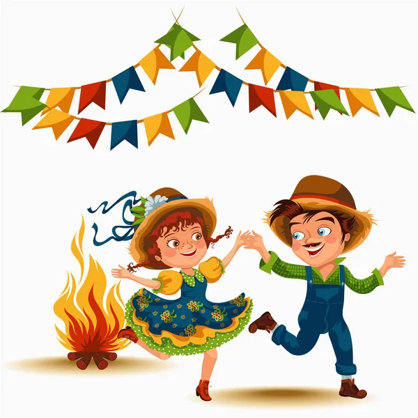 Young couple man woman dancing salsa on festivals celebrated in Portugal Festa de Sao Joao, girl straw hat traditional fiesta dance, holiday party dancer, festive people carnaval vector illustration