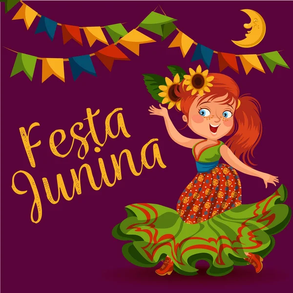 Jovem dançando salsa em festivais celebrados no Brasil Festa Junina, menina use flor na cabeça dança de festa tradicional, dançarina de festa de férias, pessoas festivas ilustração vetor carnaval — Vetor de Stock