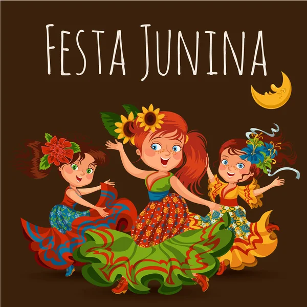 Jovem dançando salsa em festivais celebrados no Brasil Festa Junina, menina use flor na cabeça dança de festa tradicional, dançarina de festa de férias, pessoas festivas ilustração vetor carnaval — Vetor de Stock