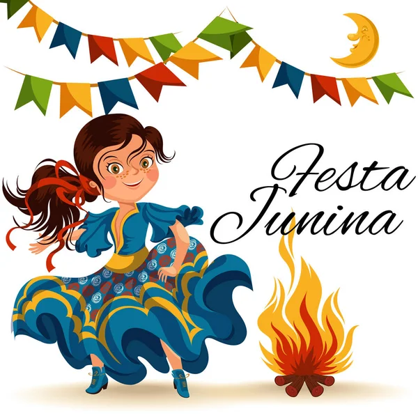 Mujer joven bailando salsa en festivales celebrados en Brasil Festa Junina, niña llevando flor en la cabeza baile de fiesta tradicional, fiesta de fiesta bailarina, gente festiva carnaval vector ilustración — Archivo Imágenes Vectoriales