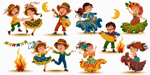 Junge Frau tanzt Salsa auf Festen, die auf portugiesischem Festa de sao joao gefeiert werden, Mann spielt auf Sanfona am Lagerfeuer traditionellen Fiesta-Tanz, Feiertagstänzer, festliche Menschen karnevalistischen Vektor — Stockvektor
