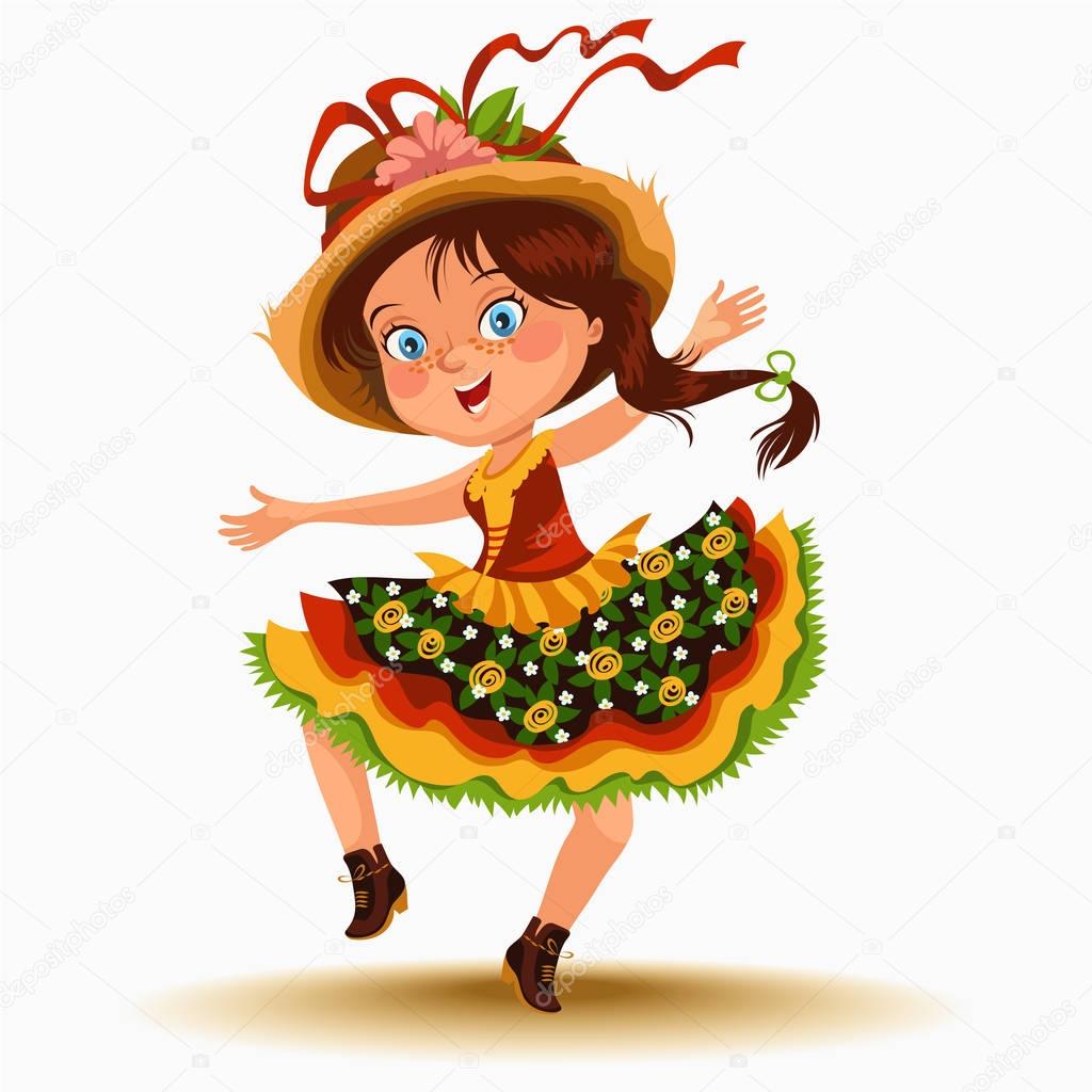 Young woman dancing salsa on festivals celebrated in Portugal Festa de Sao Joao, girl in straw hat traditional fiesta dance, holiday party dancer, festive people carnaval vector illustration