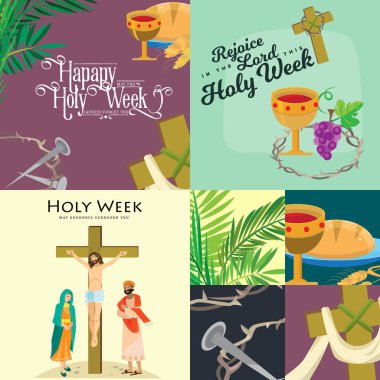 Set for Christianity holy week before easter, Lent and Palm or Passion Sunday, Good Friday crucifixion of Jesus and his death, Stations of Cross, God Last Supper Crown of thorns vector illustration clipart