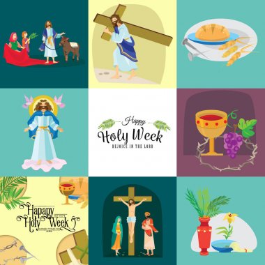 Set for Christianity holy week before easter, Lent and Palm or Passion Sunday, Good Friday crucifixion of Jesus and his death, Stations of Cross, God Last Supper Crown of thorns vector illustration clipart