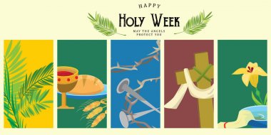 Set for Christianity holy week before easter, Lent and Palm or Passion Sunday, Good Friday crucifixion of Jesus and his death, Stations of Cross, God Last Supper Crown of thorns vector illustration clipart