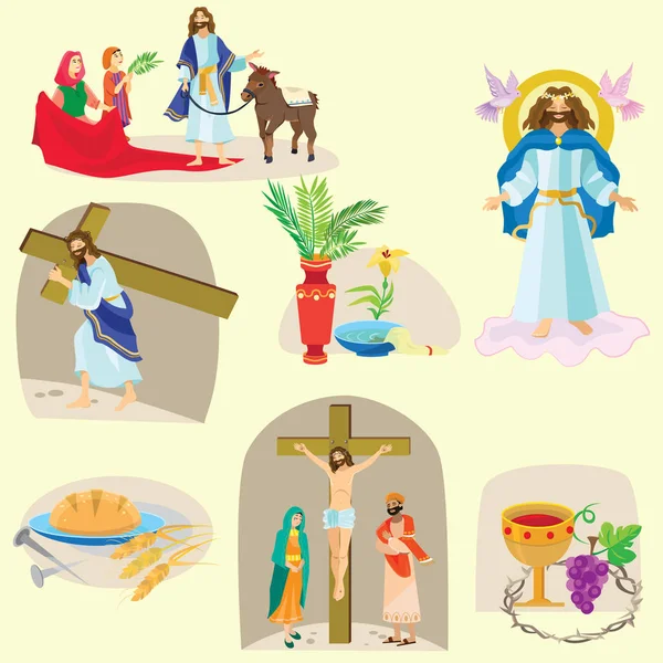 Fijado para el cristianismo semana santa antes de Pascua, Cuaresma y Palma o Domingo de Pasión, Viernes Santo crucifixión de Jesús y su muerte, Estaciones de Cruz, Dios Última Cena Corona de espinas vector ilustración — Vector de stock