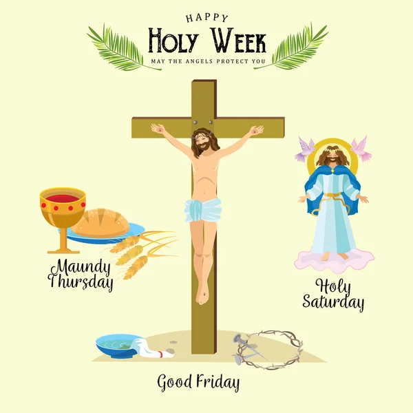 Set for Christianity holy week before easter, Lent and Palm or Passion Sunday, Good Friday crucifixion of Jesus and his death, Stations of Cross, God Last Supper Crown of thorns vector illustration — Stock Vector