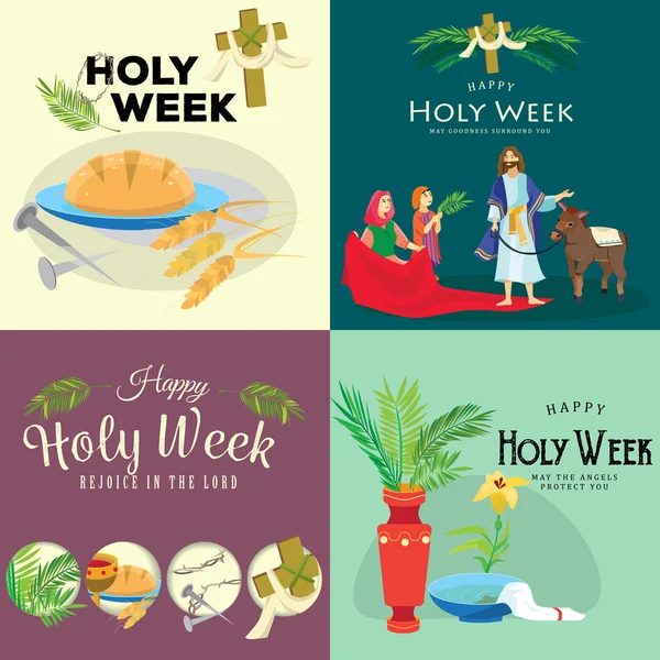 Set for Christianity holy week before easter, Lent and Palm or Passion Sunday, Good Friday crucifixion of Jesus and his death, Stations of Cross, God Last Supper Crown of thorns vector illustration — Stock Vector