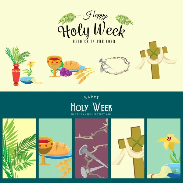 Hıristiyanlık kutsal hafta önce Paskalya için ayarla, Oruç ve Palm veya tutku Pazar, Kutsal Cuma çarmıha İsa'nın ve onun ölüm, istasyonları, Cross, Tanrı'nın son akşam yemeği dikenli taç vektör çizim