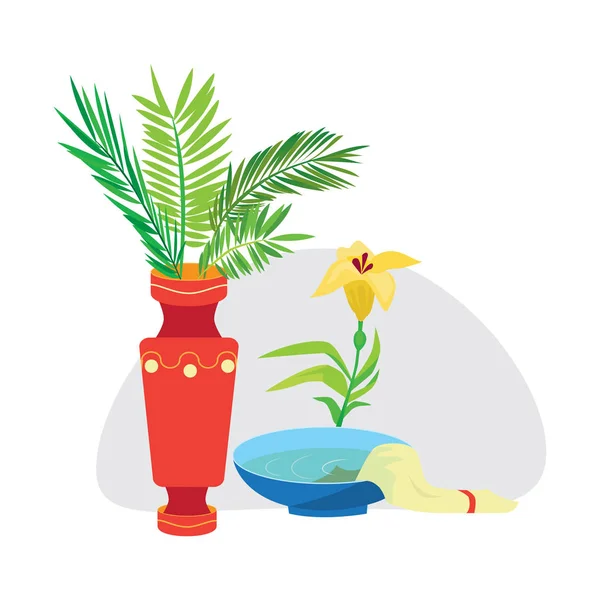 Heilige Woche und Palmsonntag Hintergrund, grüner Zweig in Vase und Blumen Vektor Illustration — Stockvektor