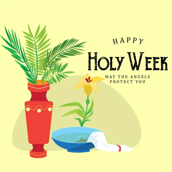 Holy week and palm Sunday background, green branch in vase and flowers vector illustration — Stock Vector