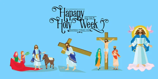 Set for Christianity holy week before easter, Lent and Palm or Passion Sunday, Good Friday crucifixion of Jesus and his death, Stations of Cross, God Last Supper Crown of thorns vector illustration — Stock Vector