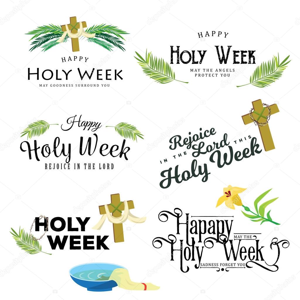 Set for Christianity holy week before easter, Lent and Palm or Passion Sunday, Good Friday crucifixion of Jesus and his death, Stations of Cross, God Last Supper Crown of thorns vector illustration