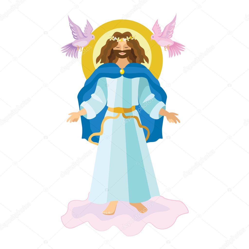 Easter resurrection religious background - risen Lord Jesus Christ on cloud in the sky vector illustration. Holy week