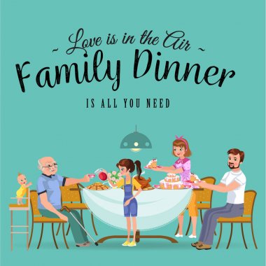 ev, insanlar mutlu aile yemek yemekte birlikte yemek yemek, annem ve babam yemek masası tarafından oturan dedesi tedavi, kız alır eski büyükanne Bakımı, çocuk pastaları vektör çizim tutun