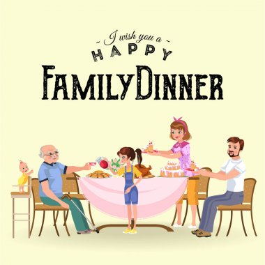 yemek yemeği evde, insanlar birlikte yemek mutlu aile, anne ve baba büyükbaba yemek masası tarafından oturan tedavi, kız alır eski büyükanne Bakımı, çocuk pastaları vektör çizim tutun