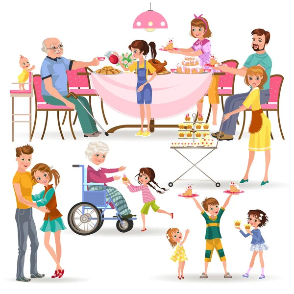 Familia feliz cenar en casa, la gente come comida juntos, mamá y papá tratan abuelo sentado junto a la mesa de comedor, niña se ocupa de la abuela de edad, los niños sostienen pasteles vector ilustración — Archivo Imágenes Vectoriales