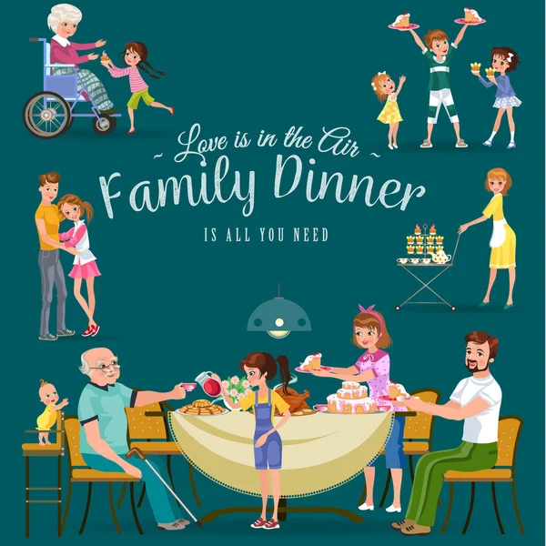 Familia comiendo la cena en casa, la gente feliz come comida juntos, mamá y papá tratan abuelo sentado junto a la mesa de comedor, niña cuida de la abuela de edad, los niños sostienen pasteles vector ilustración — Archivo Imágenes Vectoriales