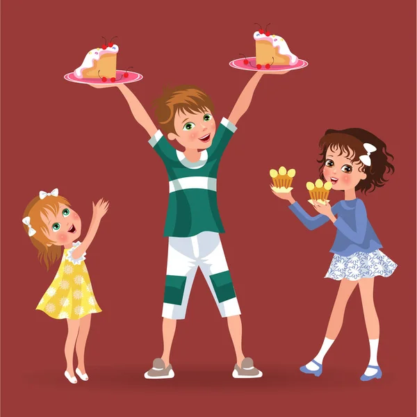 Boy holds plate in hands treat girls, children eating sweet on dinner, family brother and two sisters in dresses isolated vector illustration — Stock Vector