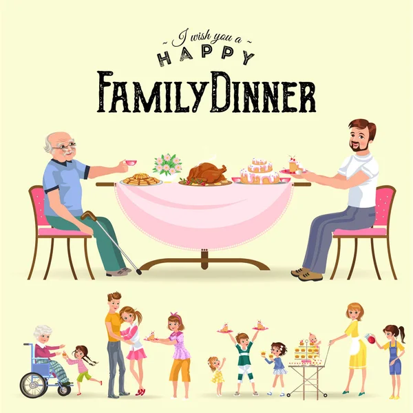 家族、家庭で幸せな人は、食品を一緒に食べる夕食を食べて、ママとパパを扱うダイニング テーブルに座っての祖父、少女は老人の祖母世話、子供がケーキ ベクトル図を保持します。 — ストックベクタ