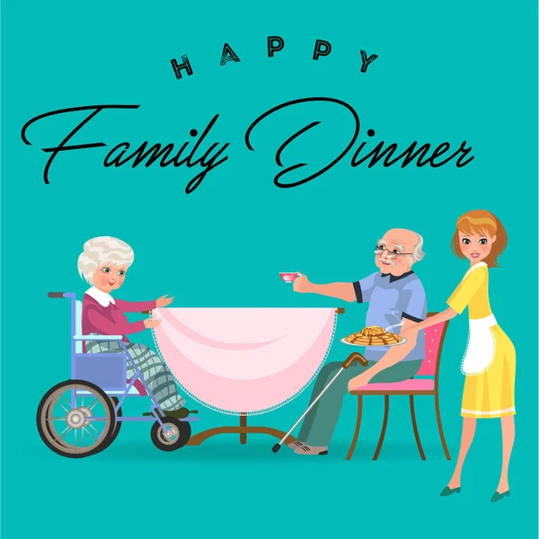 Famille manger le dîner à la maison, les gens heureux manger ensemble, maman traiter grand-père assis à table, fille prend soin de la vieille grand-mère, femme handicapée en fauteuil roulant illustration vectorielle — Image vectorielle