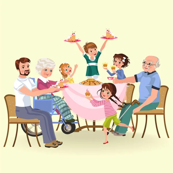Familie isst zu Hause zu Abend, glückliche Menschen essen zusammen, Mutti und Vati behandeln Großvater am Esstisch sitzend, Mädchen kümmert sich um alte Großmutter, Kinder halten Kuchen Vektor Illustration — Stockvektor