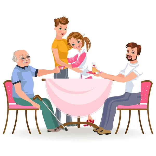Семья ужинает дома, счастливые люди едят вместе пищу, сын и папа лечить дедушку сидя за обеденным столом, санитар человек держит крышку Ти, отец с детьми, пара объятий векторные иллюстрации — стоковый вектор