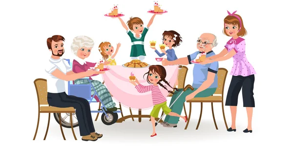 Familia comiendo la cena en casa, la gente feliz come comida juntos, mamá y papá tratan abuelo sentado junto a la mesa de comedor, niña cuida de la abuela de edad, los niños sostienen pasteles vector ilustración — Archivo Imágenes Vectoriales