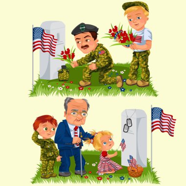 Çocuk askeri mezarlığındaki anma Day, yetişkin adamla yakınındaki kıdemli, Aile erkek ve kız bellek beyaz anıt mezar ve savaş kahramanları, hatırlıyorum Amerikan bayrağı simgeleri illüstrasyon vektör