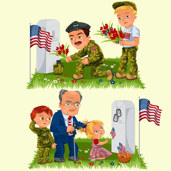 Μνημείο άνθρωπος μέρα, ενηλίκων με παιδιά σε στρατιωτικό νεκροταφείο κοντά στο τάφο με λευκό μνημείο παλαιμάχων, οικογένεια αγόρι και κορίτσι μνήμη και θυμηθείτε ήρωες πολέμου, αμερικανική σημαία διακριτικά διανυσματικά εικονογράφηση — Διανυσματικό Αρχείο