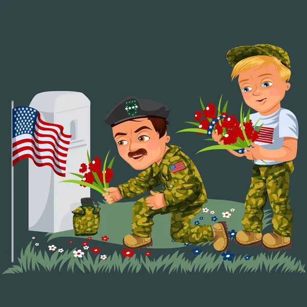 Memorial dia fundo, veteranos americanos leigos flores para lápide branca do monumento com a gente bandeira, soldados em uniforme lembre-se e honra memória herói isolado vetor ilustração — Vetor de Stock